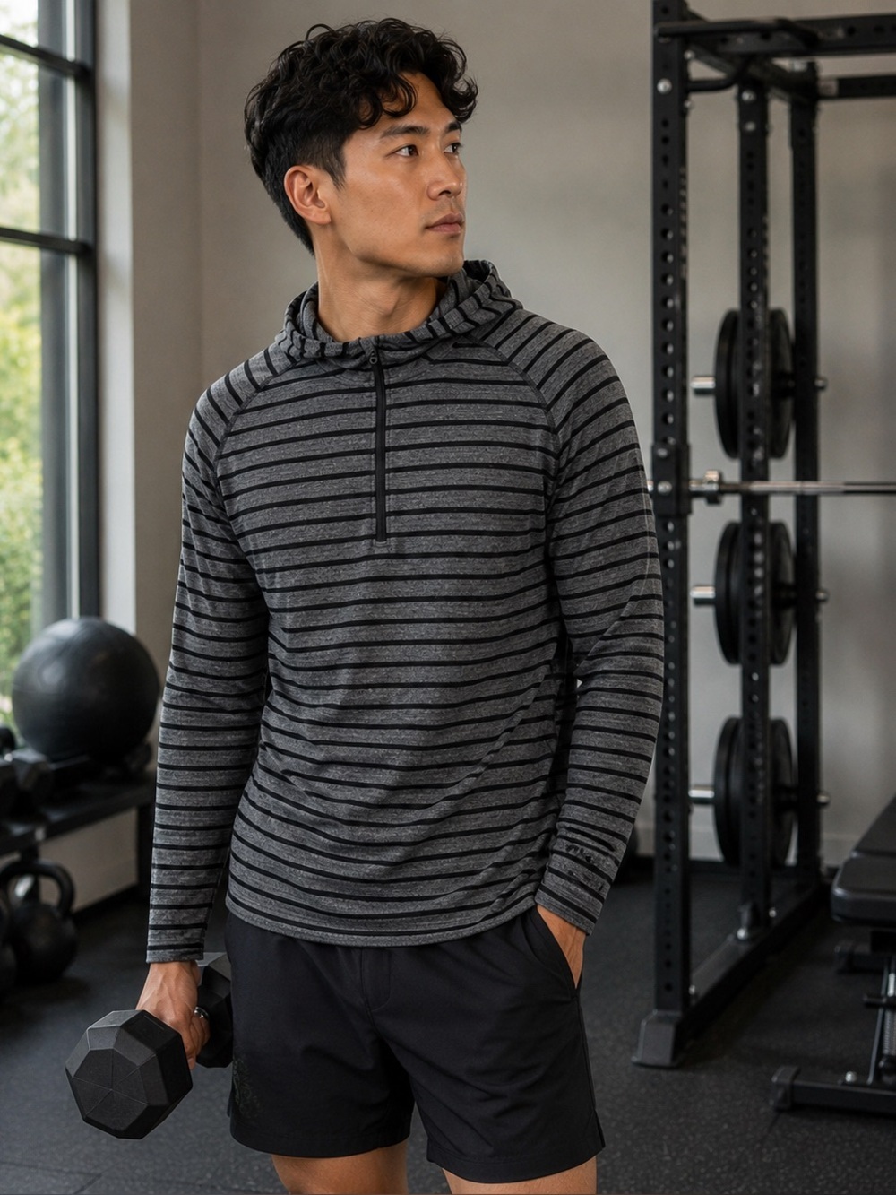 lululemon athletica men’s black/grey Stripes Surge Warm 1/2 Zip Hoodie pullover